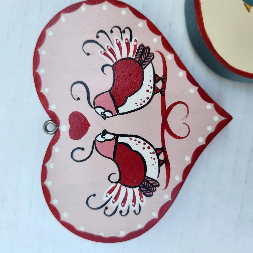 Folk Art Decor Hearts + Felt Cat Plush  Handmade Valentine Wall Hanging Set